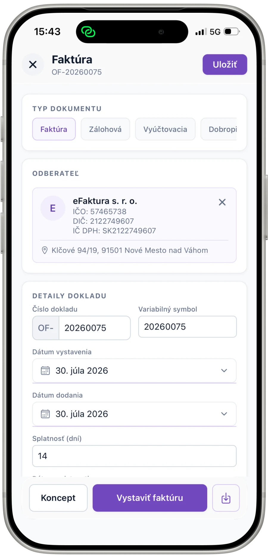 Mobilná aplikácia eFaktúra — vystavenie faktúry