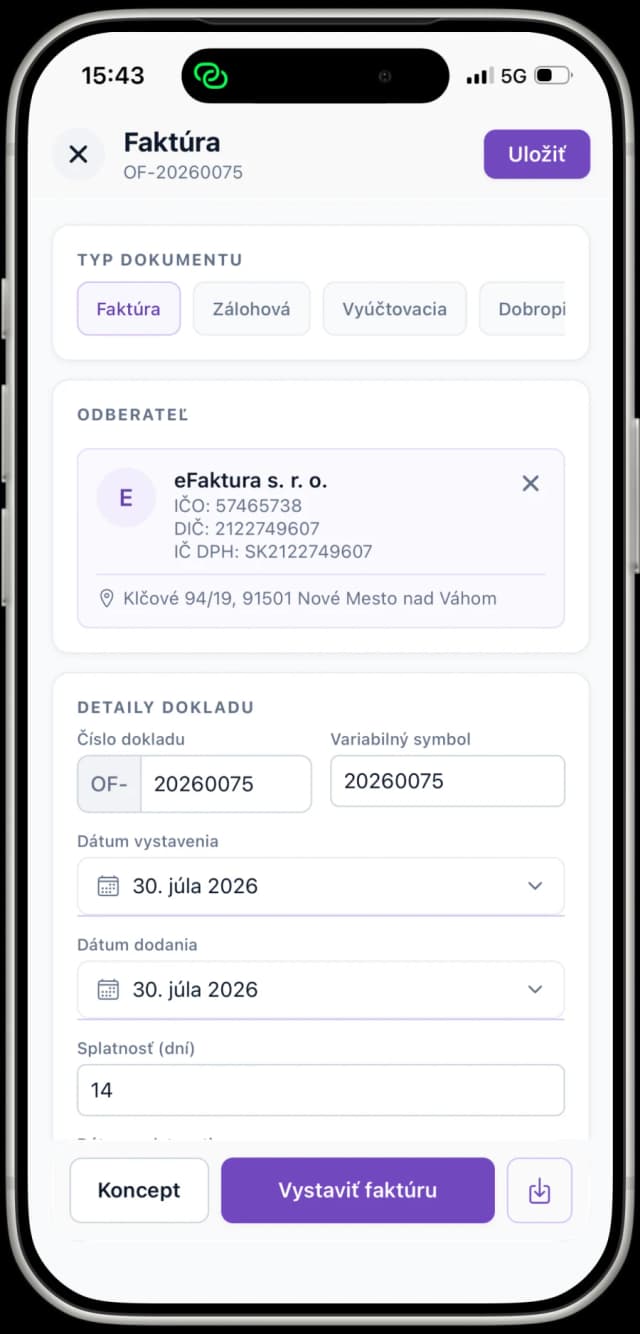 Mobilná aplikácia eFaktúra s formulárom novej faktúry