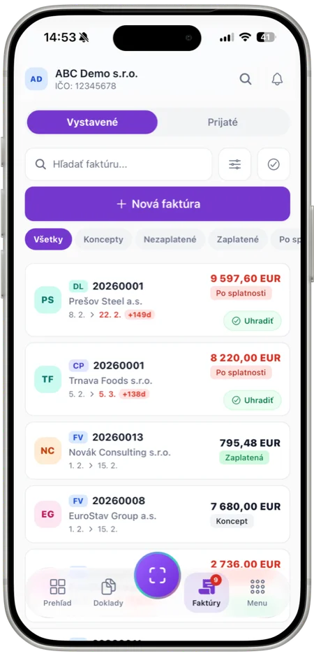Prehľad prijatých a odoslaných faktúr v mobilnej aplikácii eFaktúra