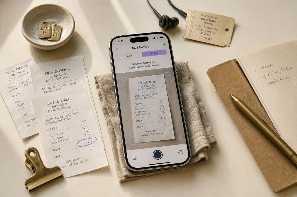 iPhone v eFaktúre skenuje bloček Coffee Room na ľanovej obrúske, okolo papierové bločky, slúchadlá a vlakovenka